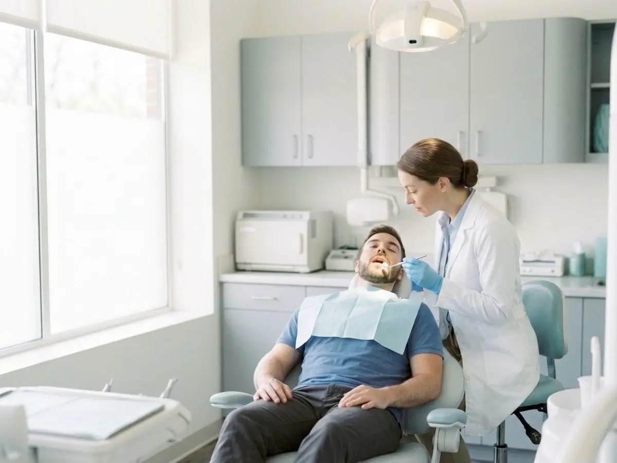 Dentista atendendo o paciente no consultório